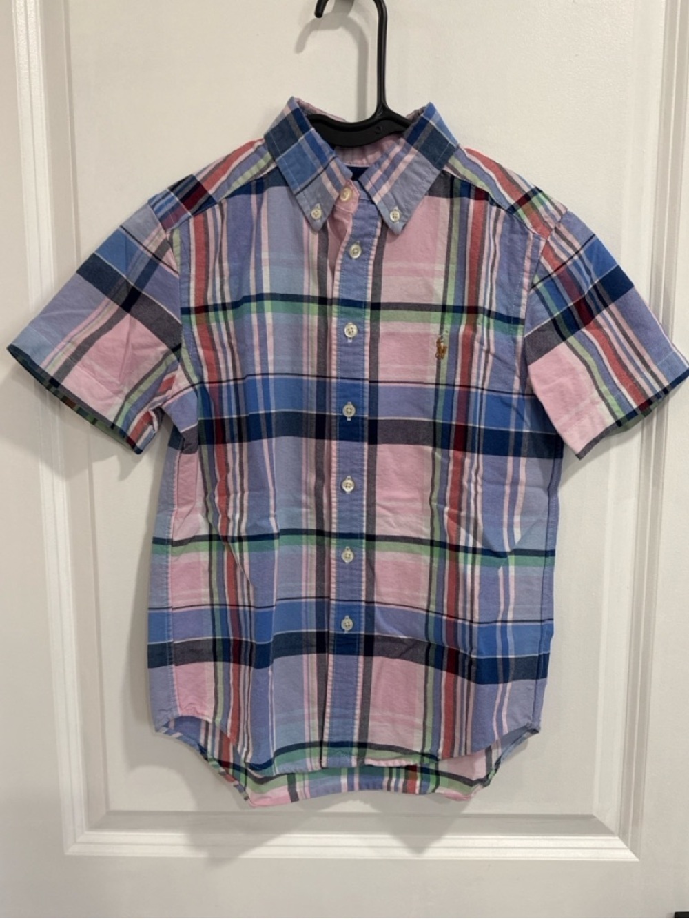 Polo Ralph Lauren Boys 8 Blue Pink Plaid Button Down Shirt Short Sleeve Preppy
